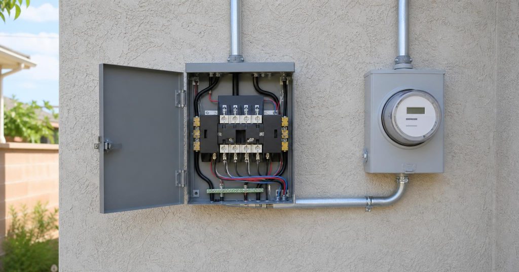 Automatic transfer switch mounted on an exterior wall beside a home electrical meter.
