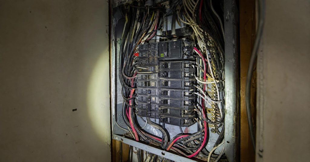Older crowded residential electrical panel with cramped wiring and a full bus bar.