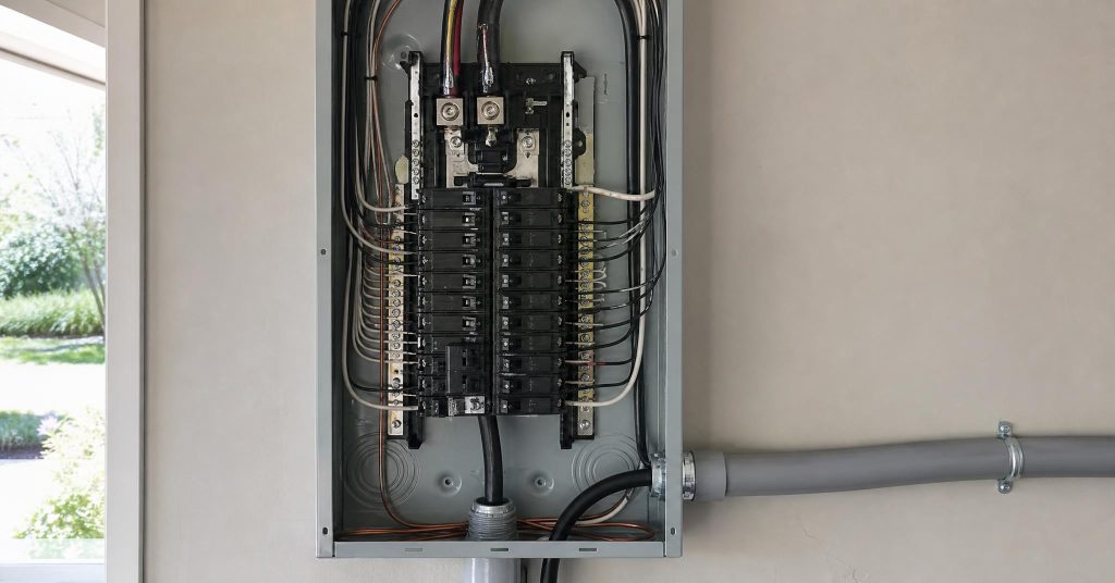 Residential panel with a newly added double-pole 240-volt breaker feeding conduit for an EV circuit.