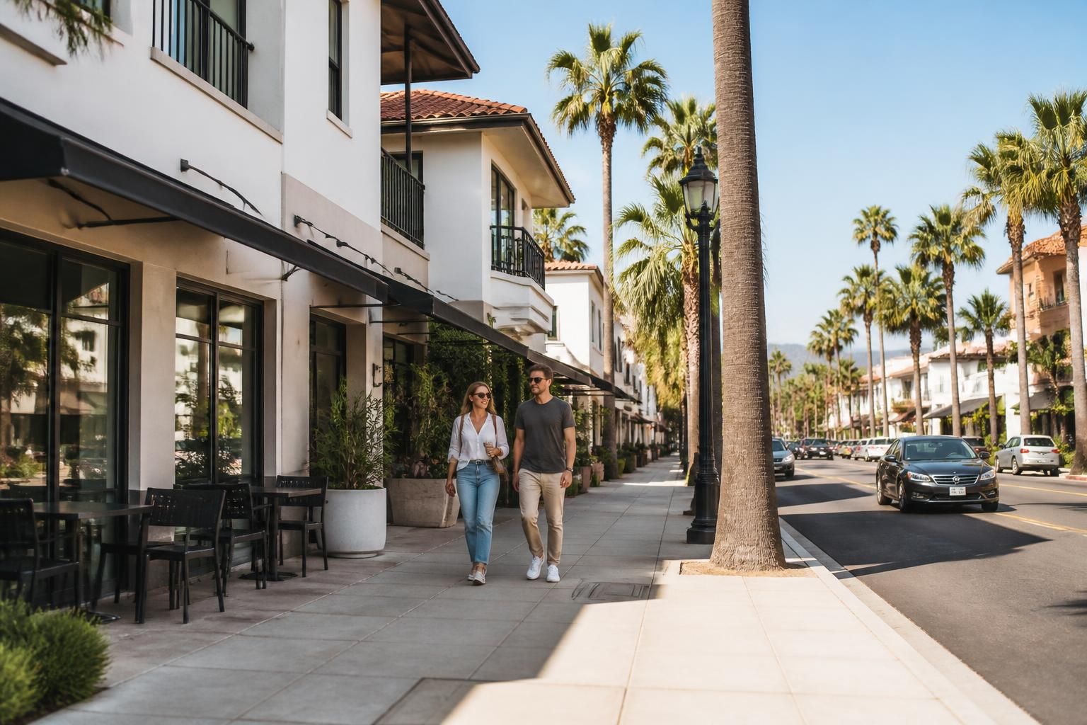 Bright El Cajon streetscape with tidy buildings and palm trees.