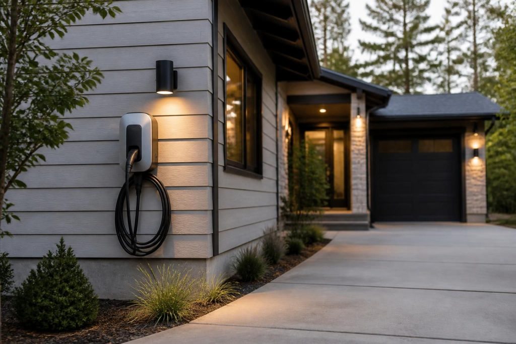 Modern home exterior with a cleanly installed EV charger beside the driveway.