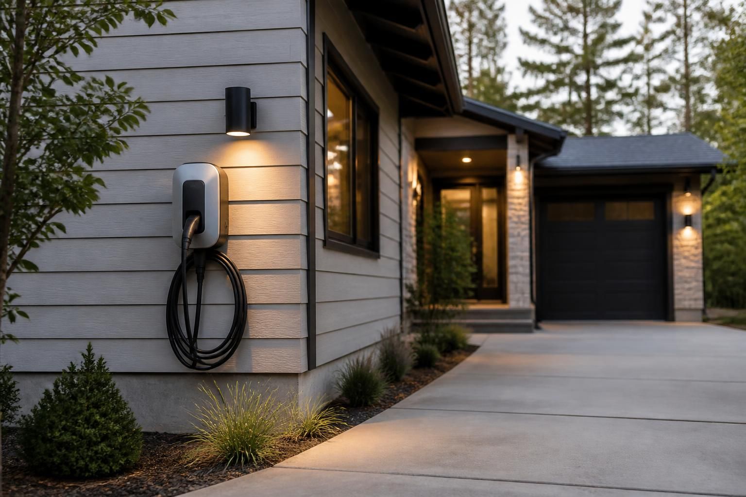 Modern home exterior with a cleanly installed EV charger beside the driveway.
