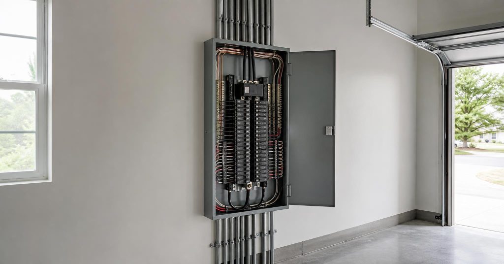 Finished 200-amp electrical service panel with neatly organized breakers in a residential garage.