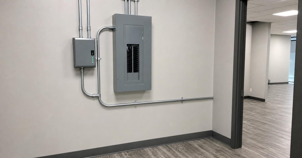 Newly installed commercial subpanel and surge protection device with level conduit runs.