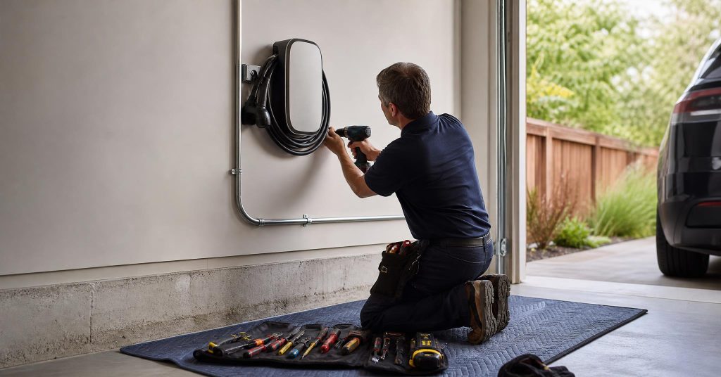 Electrician installing a wall-mounted EV charger with conduit run neatly along a garage wall.