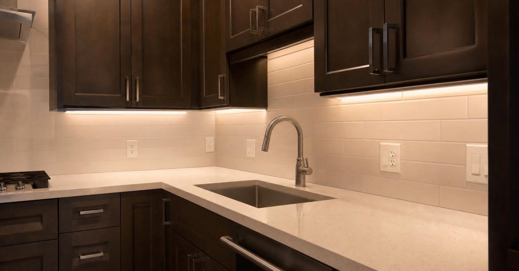 Modern kitchen with under-cabinet lighting washing across quartz countertops and tidy outlets.
