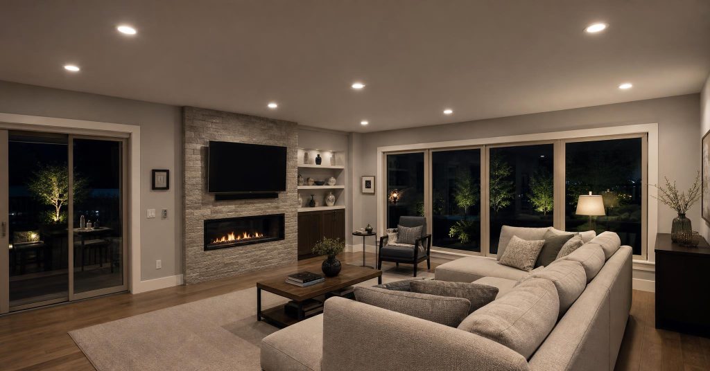 Living room with evenly spaced recessed LED ceiling lighting casting warm balanced light.
