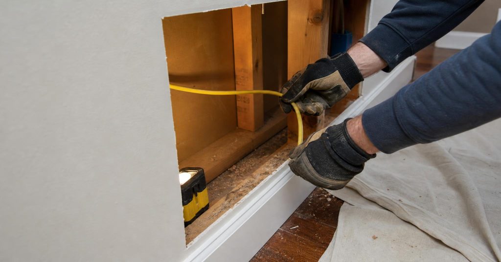 Gloved hands pulling new yellow-jacketed copper cable through an open wall stud cavity.