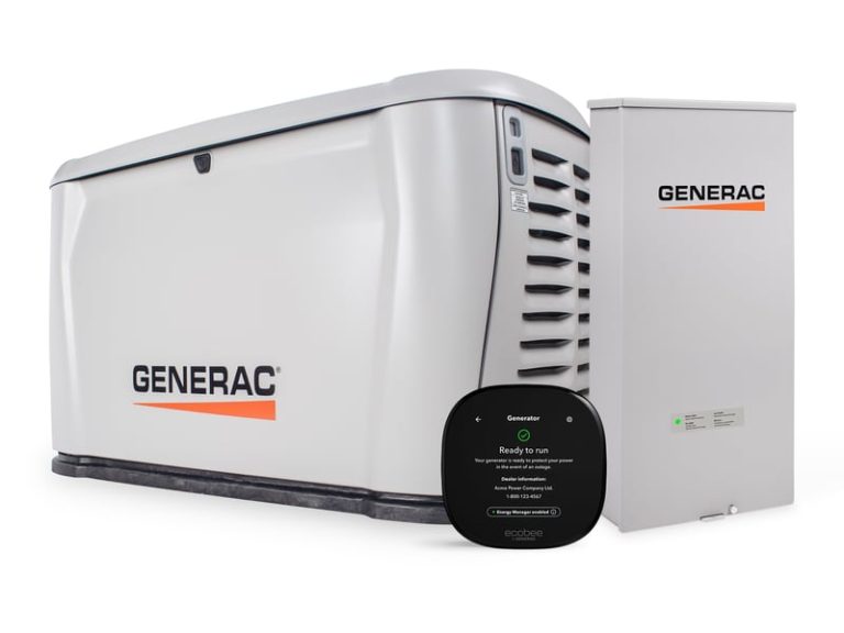 Generac 28kW home standby generator with transfer switch and smart thermostat.