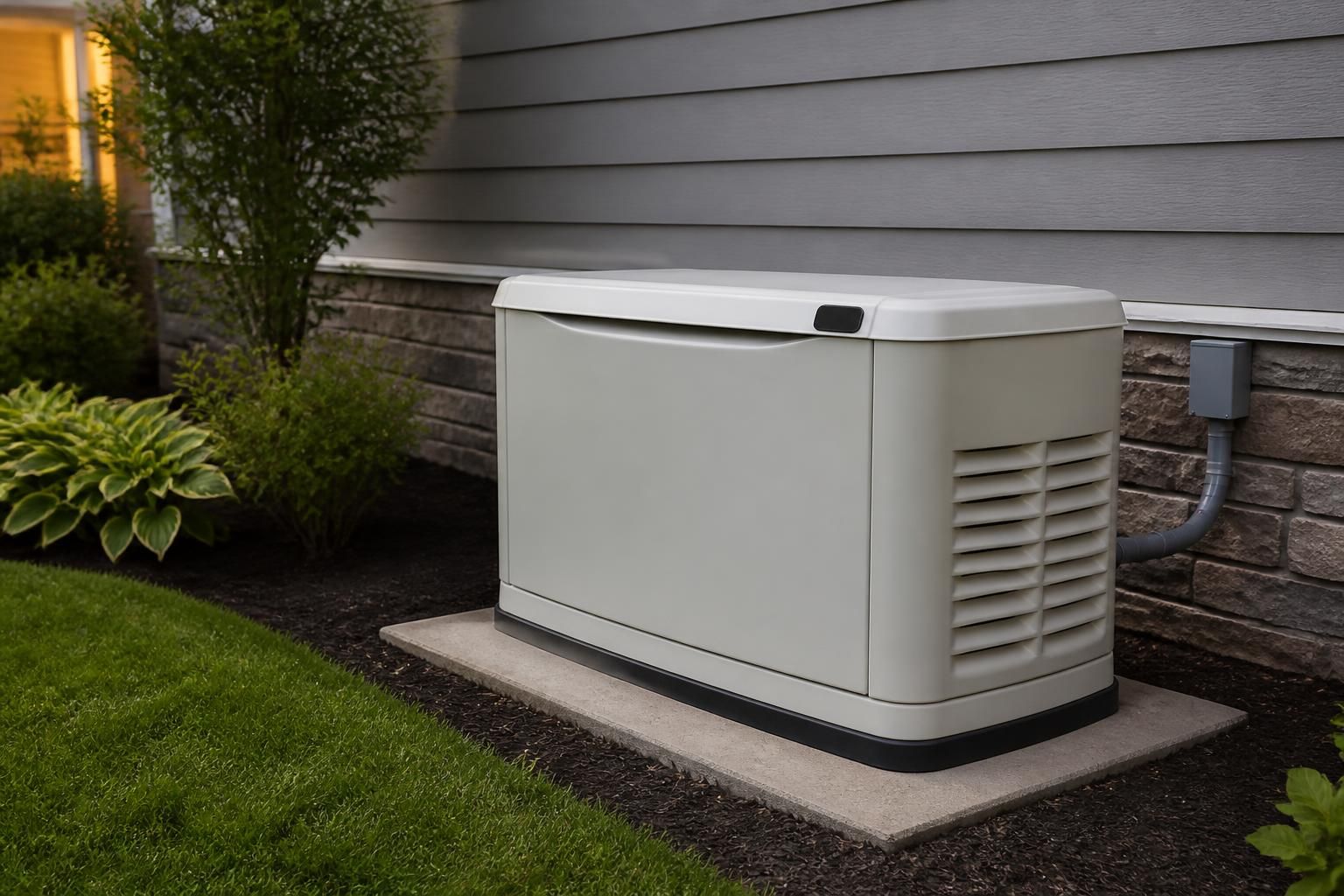 Finished standby generator installed beside a well-kept home.