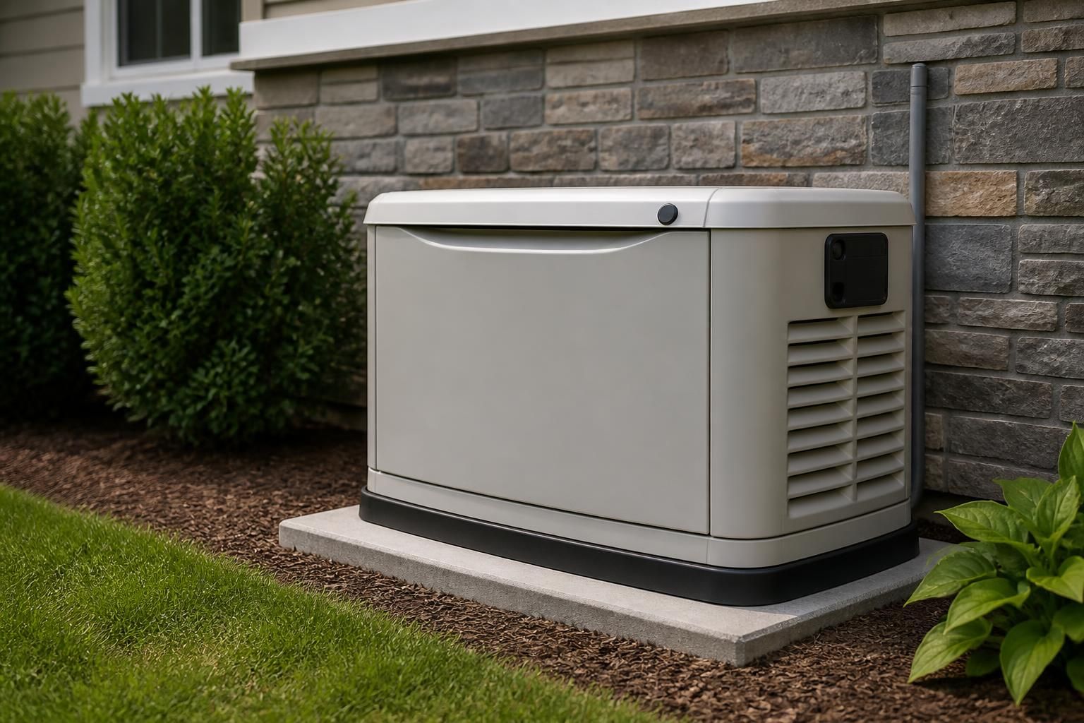 Well-maintained standby generator in a clean outdoor setting.