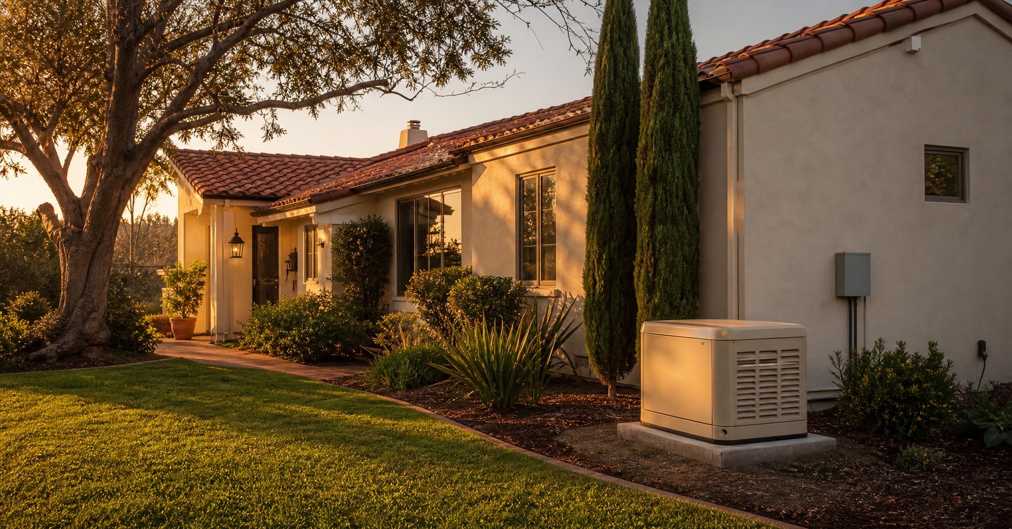 Single-story Southern California ranch home at golden hour with a standby generator installed along the side of the house.