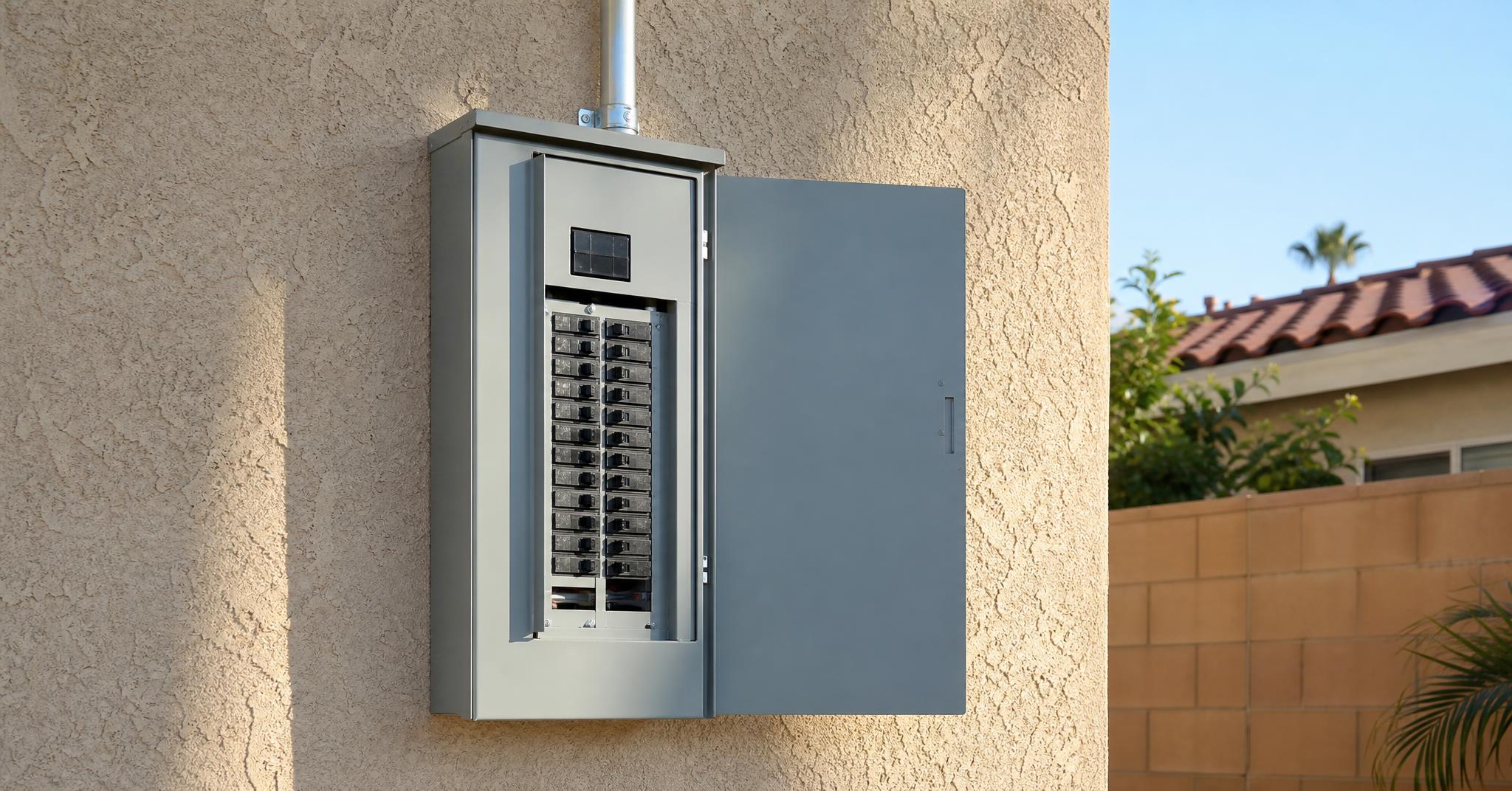 Newly installed grey electrical service panel on the exterior stucco wall of a Southern California home.