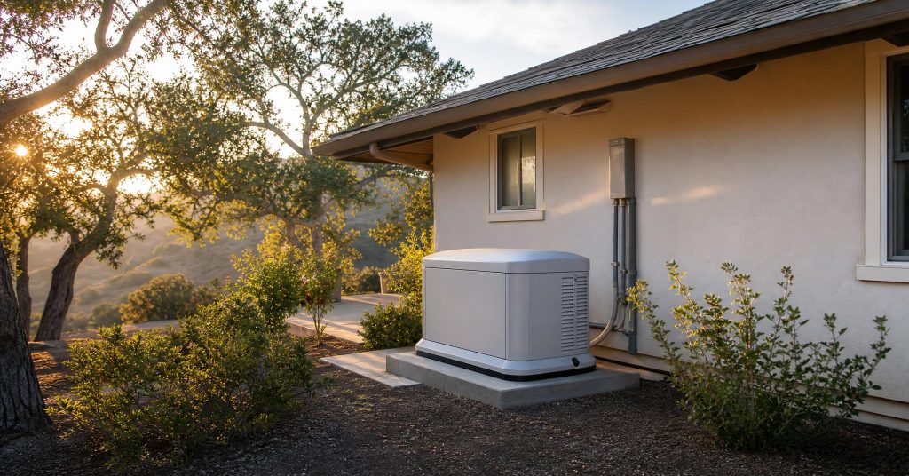 Standby generator beside a rural home
