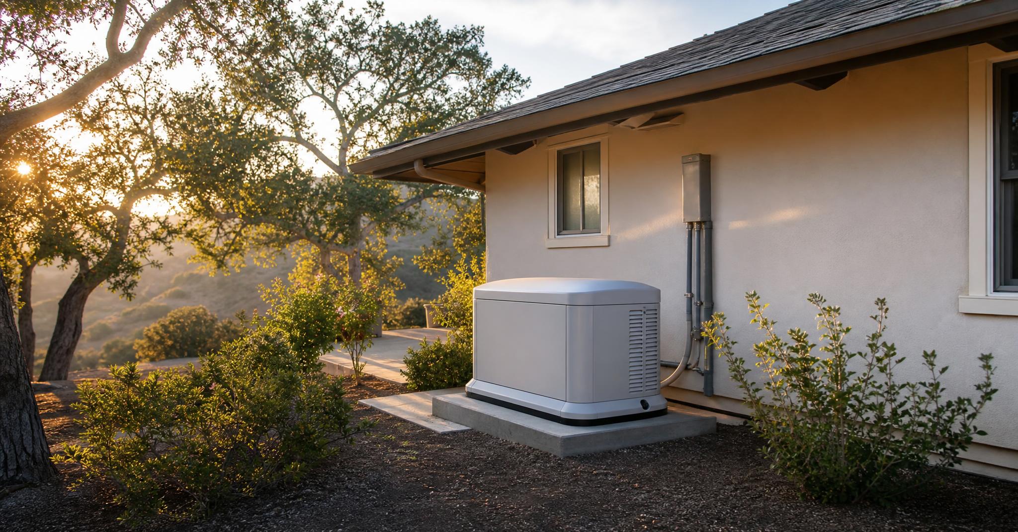 Residential standby backup generator on a concrete pad beside a single-story home with a chaparral hillside behind.