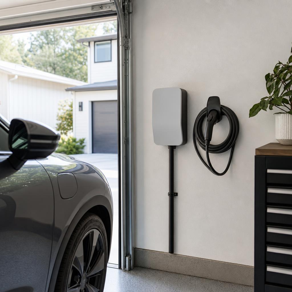 Wall-mounted EV charger installed in a clean residential garage with the cable coiled on its hook.