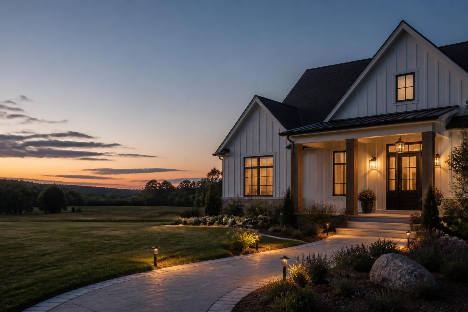 Finished home exterior at dusk with warm outdoor lighting and open space.