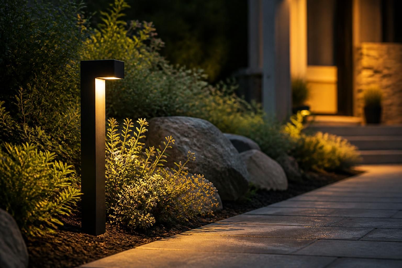 Warm outdoor path lighting along a clean residential entry.