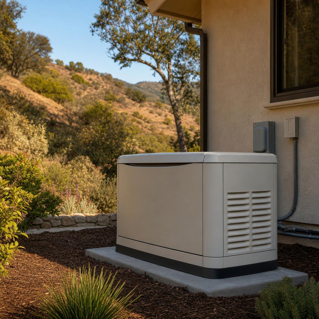 Residential standby backup generator on a concrete pad beside a single-story home with a chaparral hillside behind.