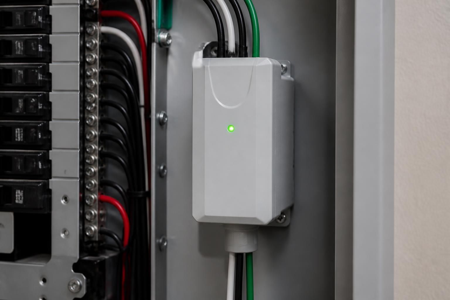 Whole-home surge protection device installed inside an electrical panel.