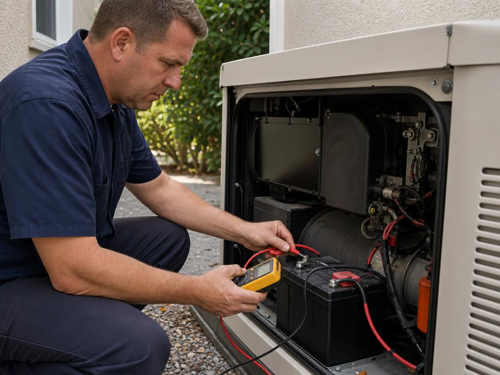 Technician testing a standby generator battery with a multimeter